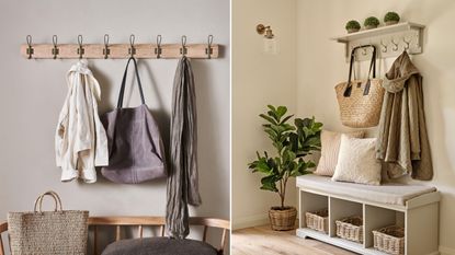 Small entryway coat storage ideas are so useful. Here are two pictures showing this - one gray entryway with wall hooks and one beige entryway with hooks and a bench