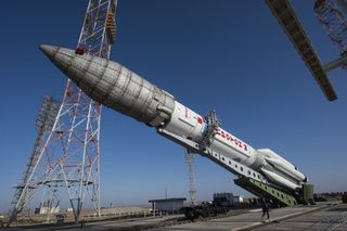 The Proton rocket that launched the ExoMars 2016 spacecraft to Mars was raised into a vertical position at the launch pad at Baikonur, Kazakhstan, on March 11, 2016.
