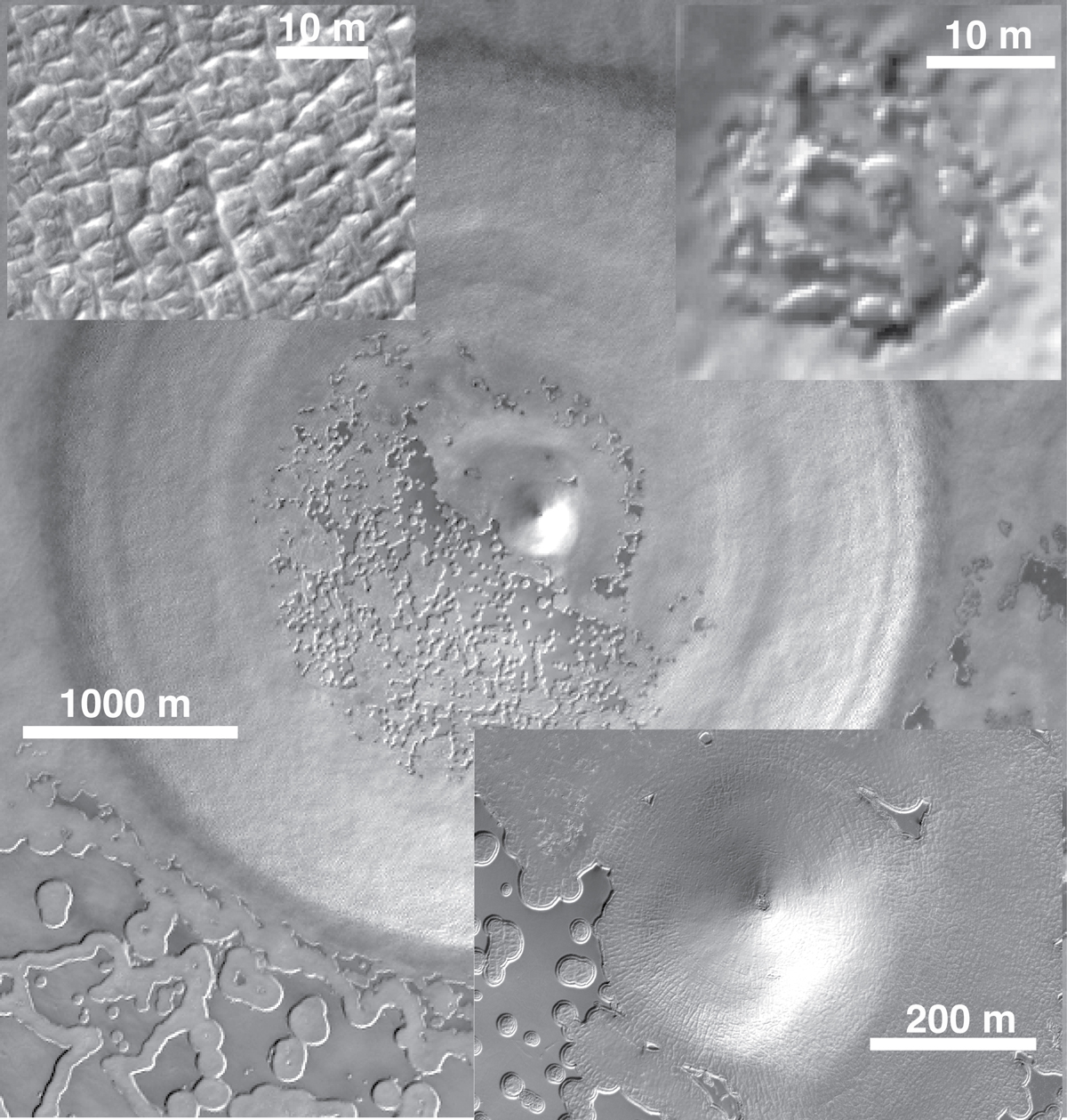 This Mars image shows a circular pit (diameter, 4 km; depth, 65 m) within the frozen carbon dioxide (dry ice) pack detected by a radar on NASA's Mars Reconnaissance Orbiter. The pit is floored with a thin fractured water-ice layer (upper left inset), which is mantled partially by the "Swiss cheese" terrain of the South Pole residual cap. Details within the pit are shown in the other insets.