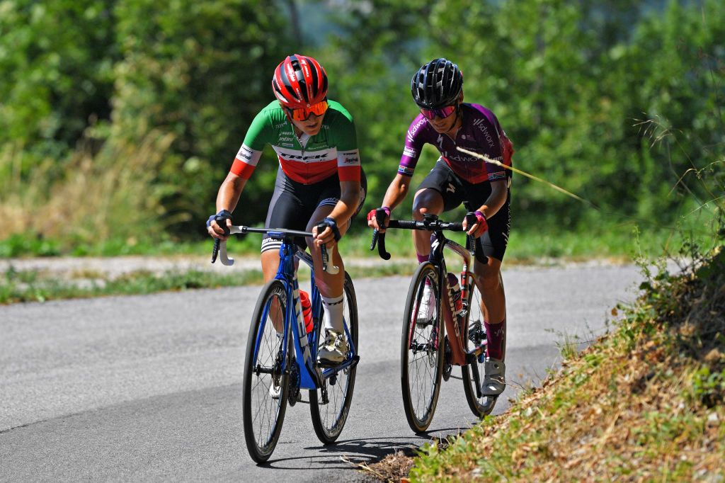 MONTE MATAJUR ITALY JULY 10 Elisa Longo Borghini of Italy and Team Trek Segafredo Ashleigh Moolman Pasio of South Africa and Team SD Worx in the Breakaway during the 32nd Giro dItalia Internazionale Femminile 2021 Stage 9 a 1226km stage from FelettoUmberto to Monte Matajur 1267m GiroDonne UCIWWT on July 10 2021 in Monte Matajur Italy Photo by Luc ClaessenGetty Images