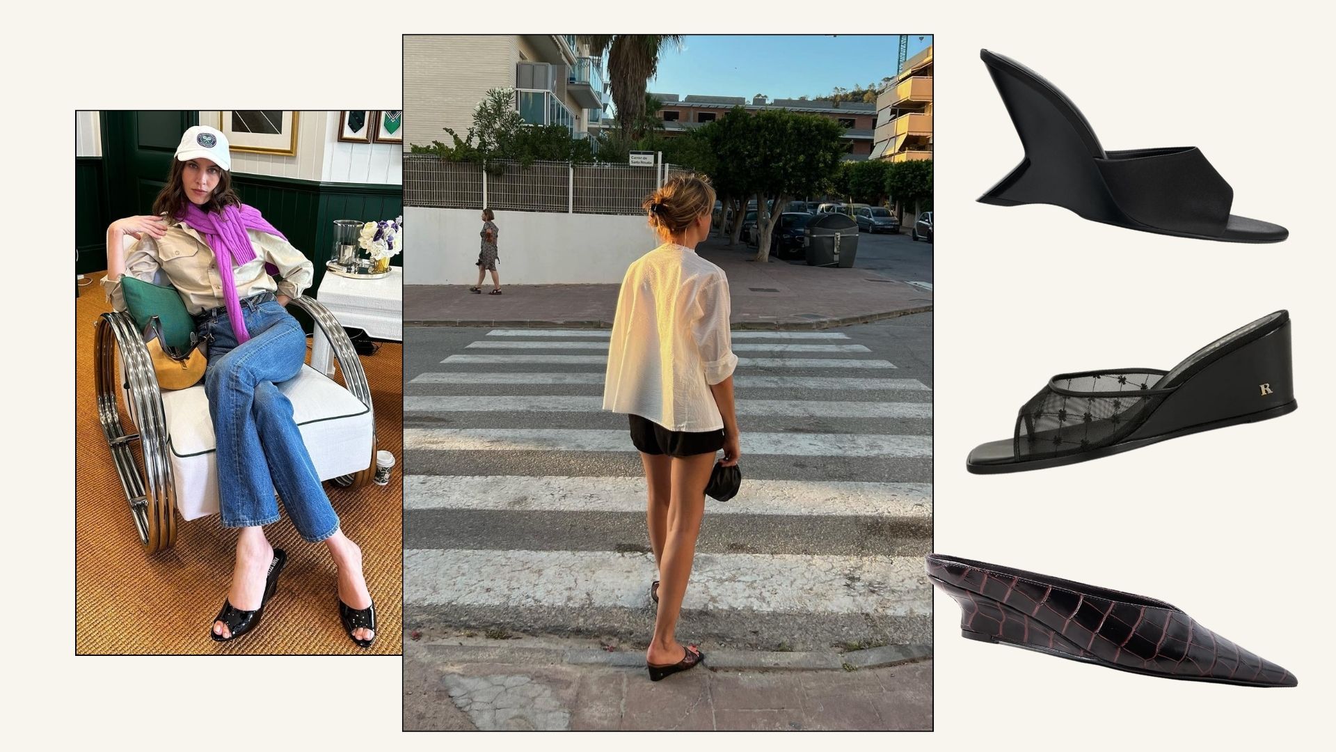 A selection of images and shopping showcasing wedge mules