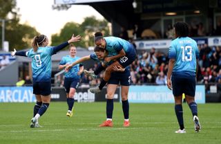 Isobel Goodwin of London City Lionesses celebrates scoring her team's first goal with teammates during the Barclays Women's Championship match between London City Lionesses and Charlton Athletic at Hayes Lane on October 13, 2024 in Bromley, England.