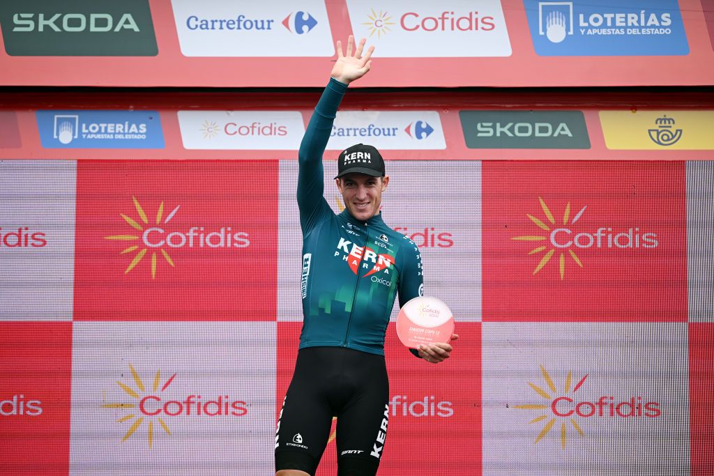 ESTACION DE MONTANA DE MANZANEDA OURENSE SPAIN AUGUST 29 Pablo Castrillo of Spain and Team Equipo Kern Pharma celebrates at podium as stage winner during the La Vuelta 79th Tour of Spain 2024 Day 12 a 1375km stage from Ourense Termal to Estacion de Montana de Manzaneda 1491m UCIWT on August 29 2024 in Estacion de Montana de Manzaneda Spain Photo by Dario BelingheriGetty Images