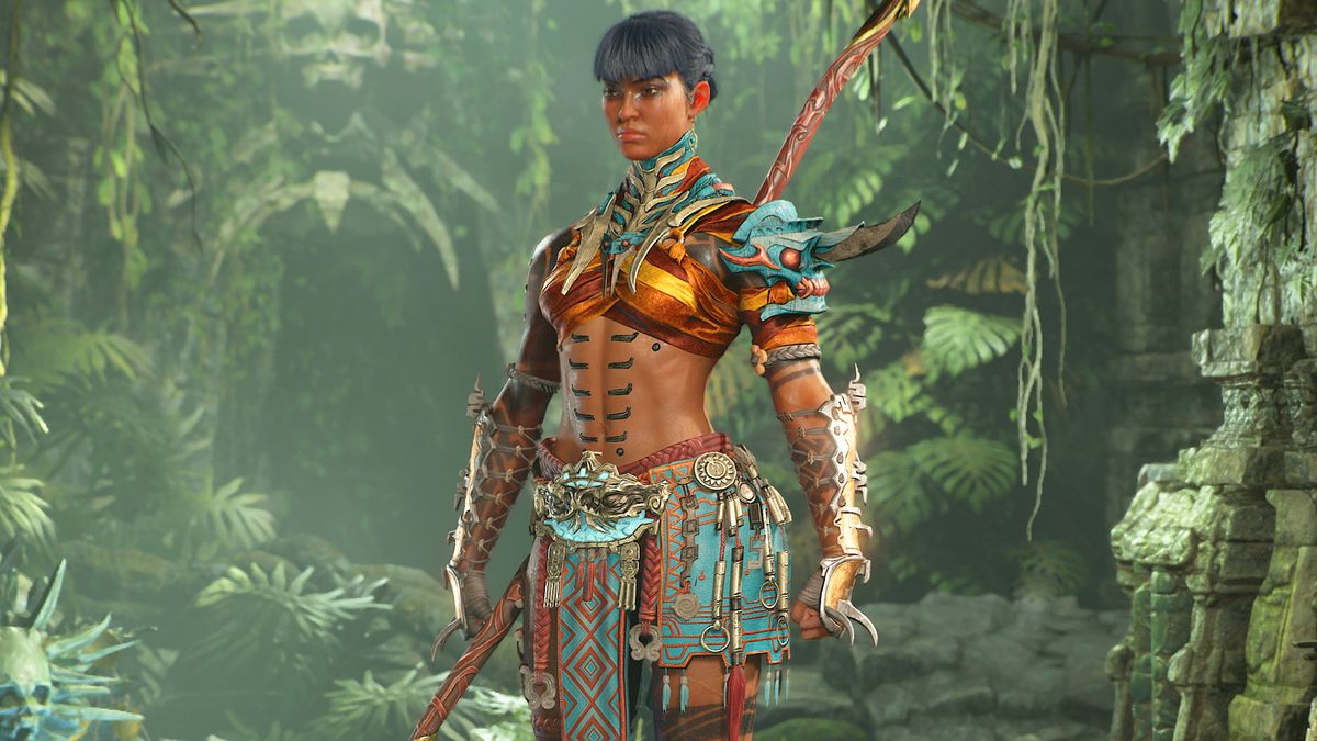 Diablo 4 spiritborn character wearing orange and blue armor with a dense jungle in the background