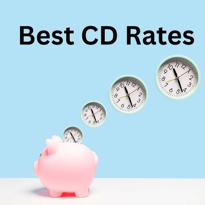 A piggy bank with four clocks above it