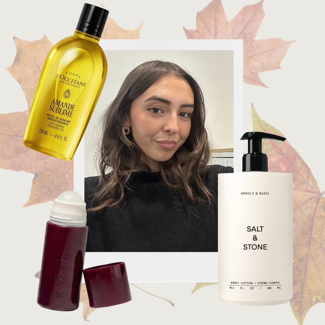 A collage featuring a picture of Digital Beauty Writer, Sennen Prickett alongside her autumn body care picks from L'Occitane, Estrid and Salt &amp;amp; Stone on a cream template with an autumn leaf overlay