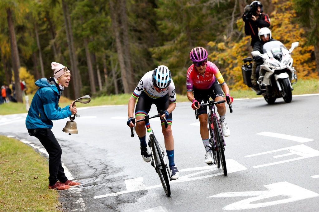 THYON SWITZERLAND OCTOBER 08 LR Annemiek Van Vleuten of Netherlands and Movistar Team Women and Ashleigh Moolman Pasio of South Africa and Team SD Worx attack during the 1st Tour de Romandie Feminin 2022 Stage 2 a 1045km stage from Sion to Thyon 2089m TDRwomen TDRF on October 08 2022 in Thyon Switzerland Photo by Bas CzerwinskiGetty Images