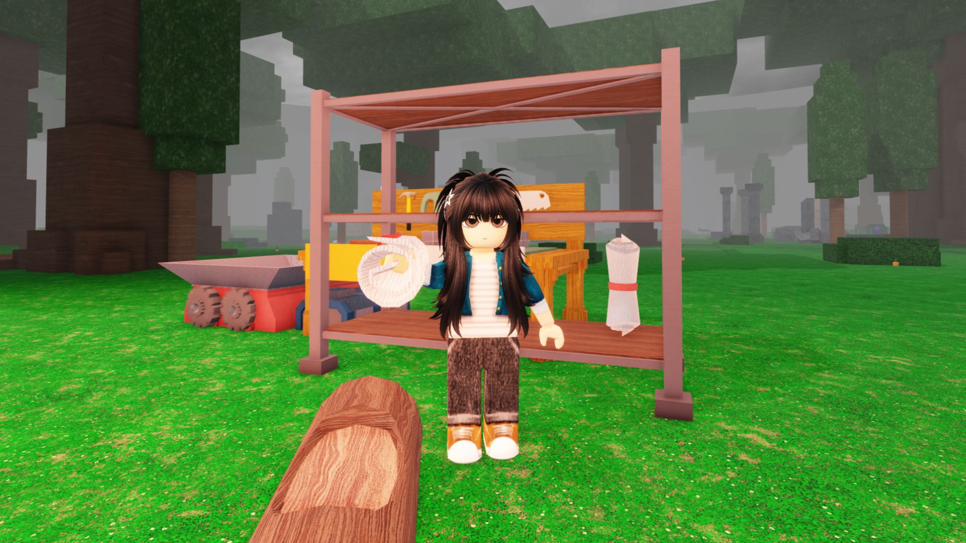 A Roblox character holding a bandage in 99 Nights in the Forest. She&#039;s standing in front of the crafting station, and has one extra bandage behind her on a shelf.