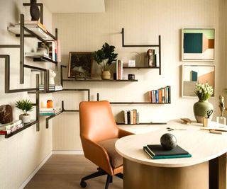 Neutral office with interesting shelving units and abstract art