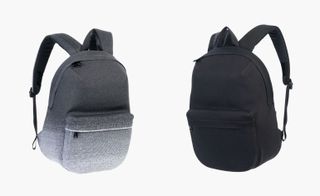 A grey to white vignetted backpack and a black backpack.