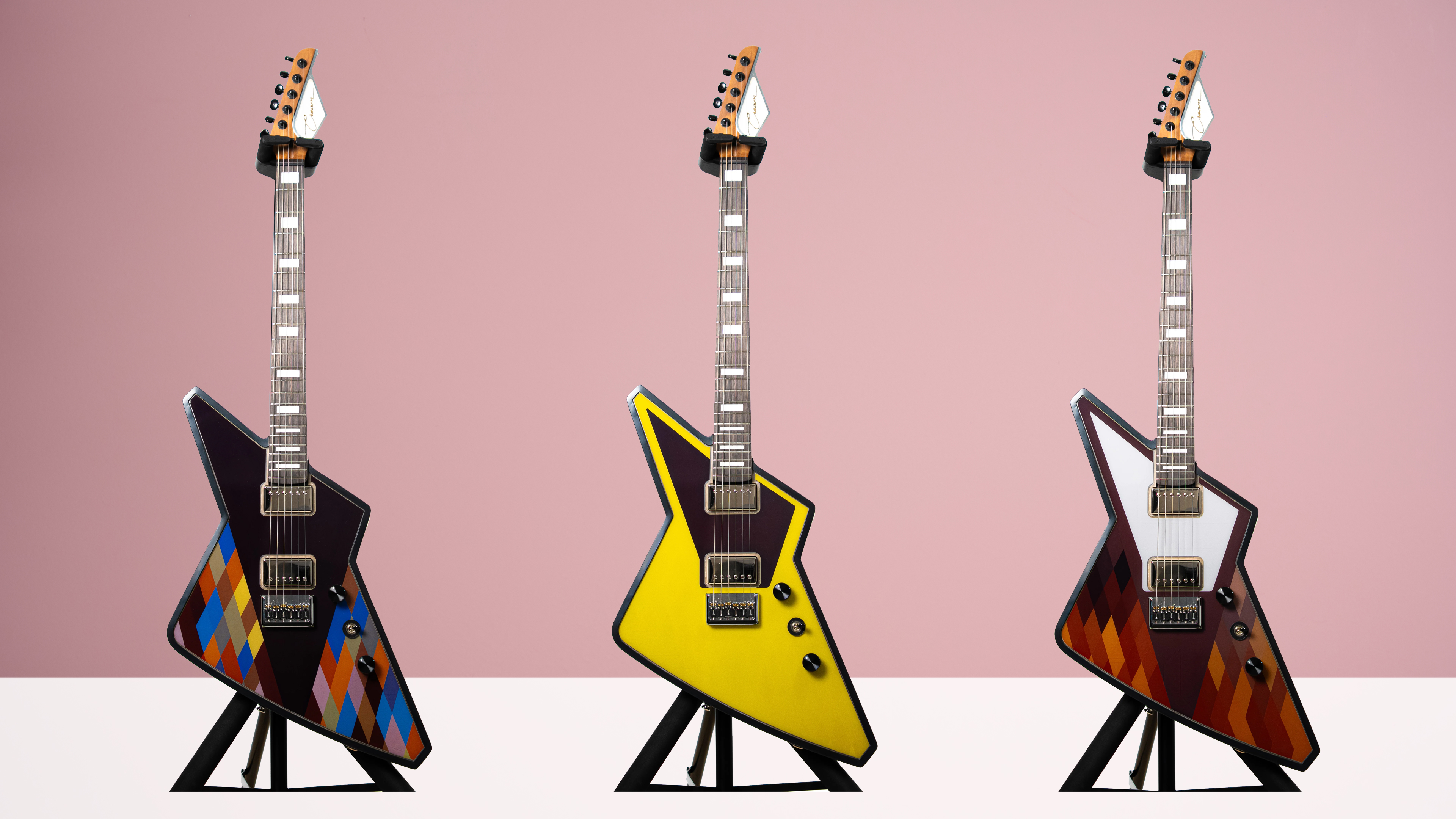 Three DaVinci guitars, showing different pattern and color options for its E Ink panel