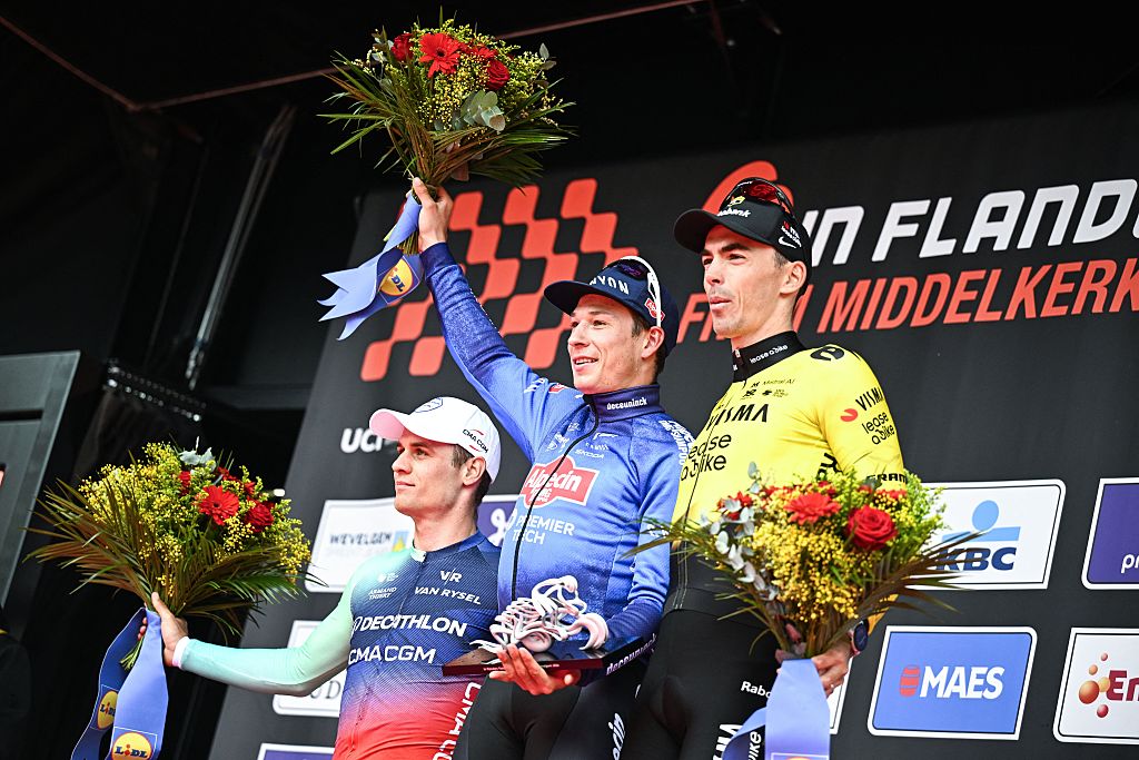 Belgian Jasper Philipsen of Alpecin-Premier Tech celebrates on the podium after winning the men elite 'Middelkerke-Wevelgem - In Flanders Fields' one day cycling race, 240.8 km from Middelkerke to Wevelgem, on Sunday 29 March 2026. BELGA PHOTO JASPER JACOBS (Photo by JASPER JACOBS / BELGA MAG / Belga via AFP)