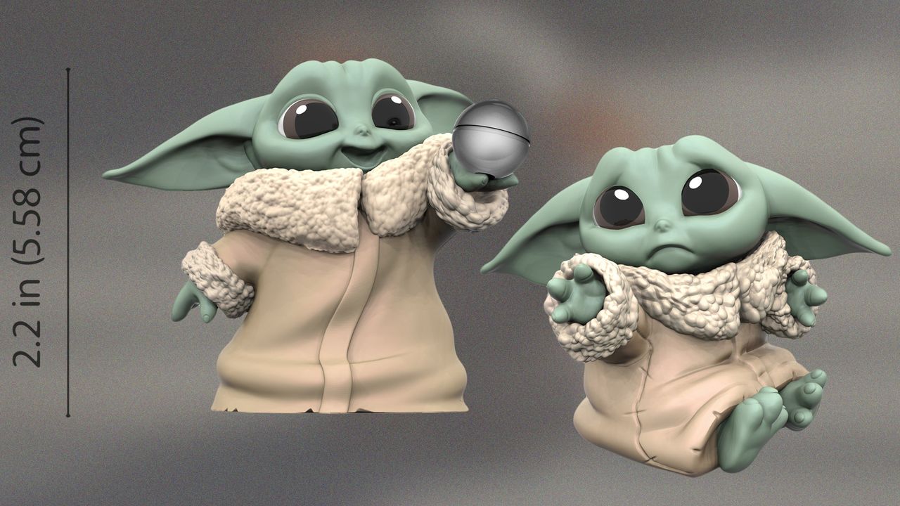 Up-close images of some teeny tiny "Baby Yoda" figures.