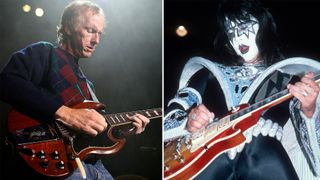 LEFT: Robbie KRIEGER and RIDERS ON THE STORM, Robby Krieger performing live onstage; RIGHT: Ace Frehley of Kiss performing at 'Kiss Concert' on July 25, 1979 at Madison Square Garden in New York City, New York. 