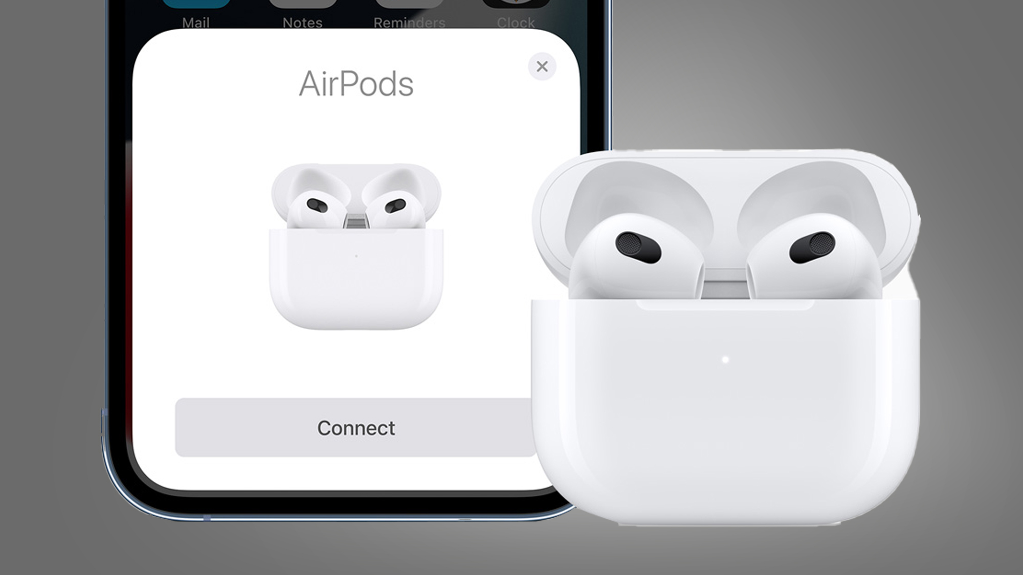 Apple AirPods 3 bredvid en iPhone mot en grå bakgrund.