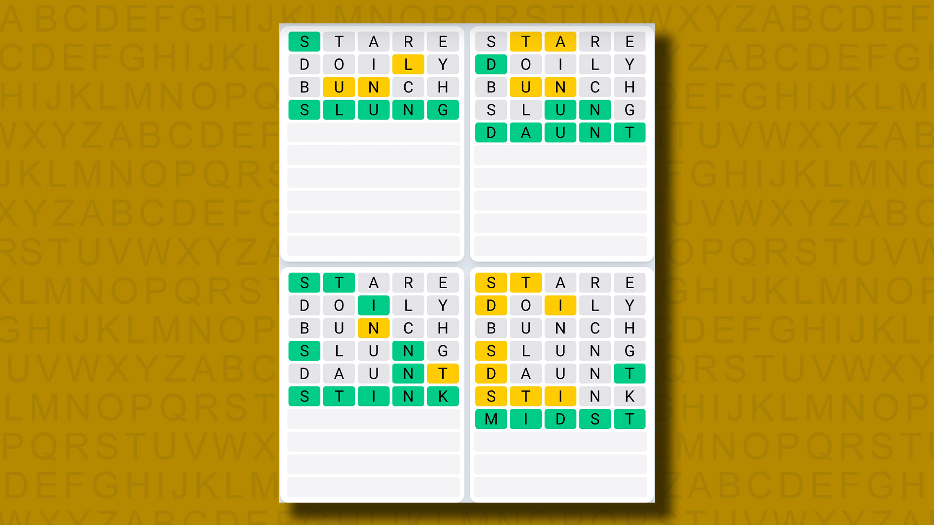 پاسخ Quordle Daily Sequence برای بازی 896 در پس زمینه زرد