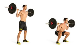 Man demonstrates two positions of barbell back squat exercise