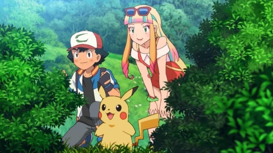 Ash ketchum, Pikachu, and Risa stand between some lush bushes