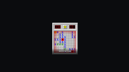 A Minesweeper board sits in the middle of a black screen. The main character, the Sweeper, exclaims "Oof! A Mine!"