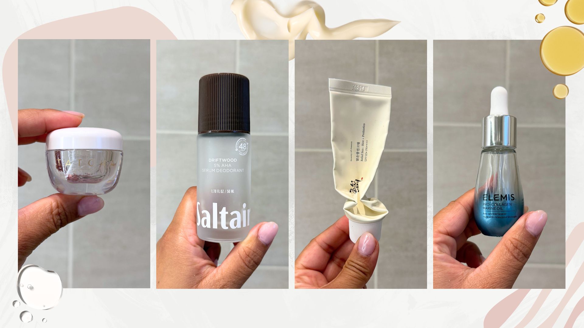 Aleesha holding empty Tatcha lip balm, Saltaire deodorant, Beauty of Joseon sunscreen and Elemis Marine face oil
