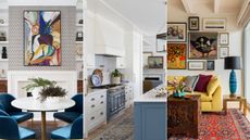 triptych showing breakfast room, kitchen and living room