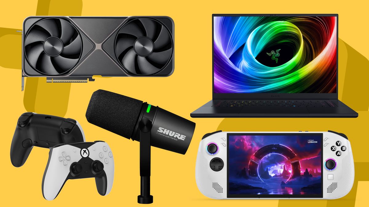 Lenovo Legion Go S, Razer Blade 16, Nvidia RTX 50-Series, Hyperkin Competitor, and Shure microphone on a yellow background