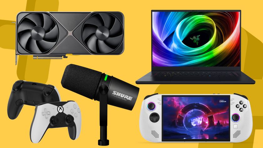 Lenovo Legion Go S, Razer Blade 16, Nvidia RTX 50-Series, Hyperkin Competitor, and Shure microphone on a yellow background