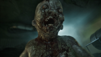A zombie screams with bulging eyes