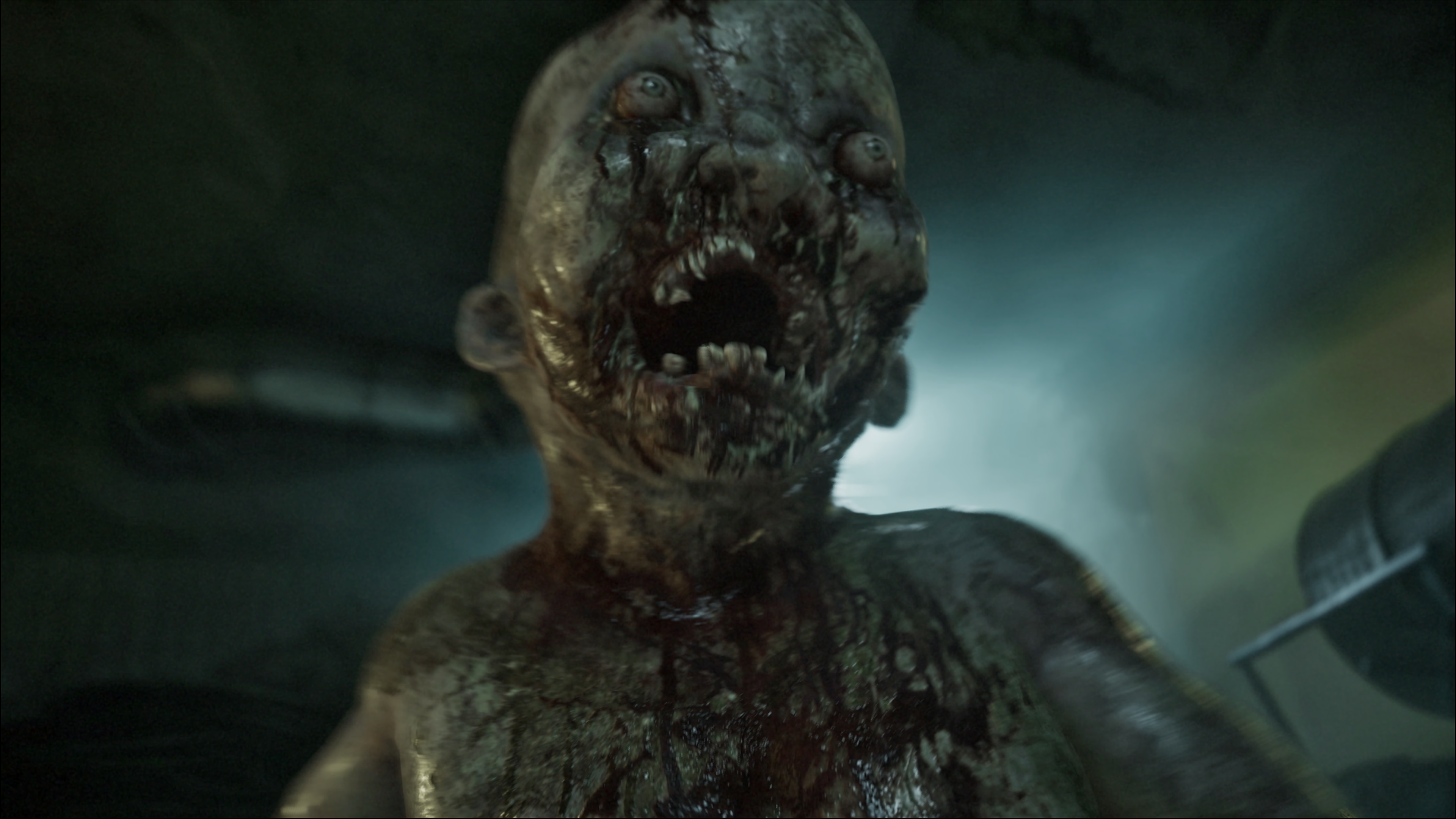 A zombie screams with bulging eyes