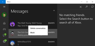 Xbox app for Windows 10 Messages Delete Conversation