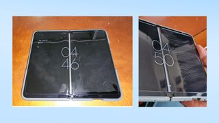 Two images of a Google Pixel Fold showing the screen protector lifting from the display around the crease, and scratches on one side