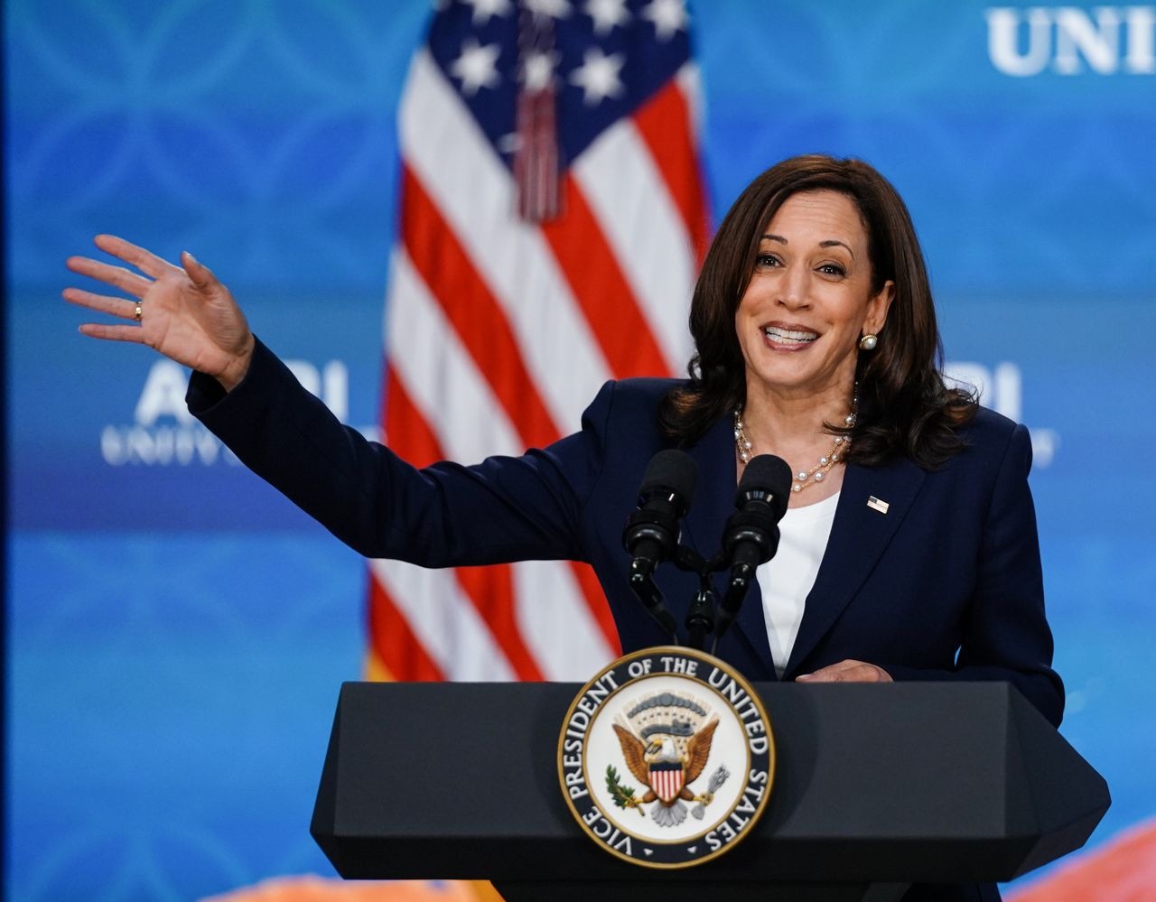 U.S. Vice President Kamala Harris speaks during the virtual Asian Pacific American Heritage Month Unity Summit from the Eisenhower Executive Office Building in Washington, D.C., U.S., on Wednesday, May 19, 2021