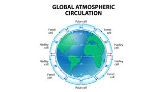 This is an illustration of the Global Atmospheric Circulation of Earth (known as the Hadley-Ferrel Model). The globe is broken down into 6 sections as follows, from top to bottom: 2 Polar cells each at the North pole, then 1 Ferrel cell, 2 Hadley cells at the equator, the another 1 Ferrel cell, and finally 2 more Polar cells at the South pole.