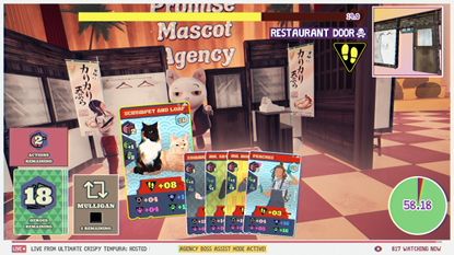 Salary Nyan attempts to get through a restaurant door and becomes stuck in Promise Mascot Agency, while the player looks at cards to help them out