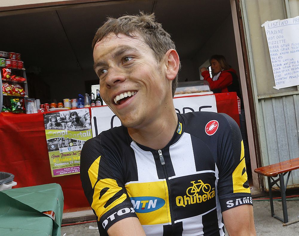 Louis Meintjes (MTN-Qhubeka) all smiles after winning Coppi e Bartali