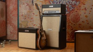 Marshall Studio JTM range with an electric guitar, in a 1960s-styled room