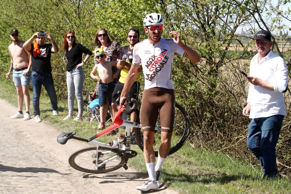 ROUBAIX FRANCE APRIL 17 Oliver Naesen of Belgium and AG2R Citren Team suffers a mechanical problem during the 119th ParisRoubaix 2022 Mens Elite a 2572km one day race from Compigne to Roubaix ParisRoubaix WorldTour on April 17 2022 in Roubaix France Photo by Etienne Garnier PoolGetty Images
