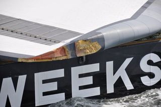 A close up of the wingtip damage on NASA's space shuttle Enterprise after it grazed a bridge support during a June 4, 2012 barge trip from NYC to New Jersey. The shuttle will be on public display at the Intrepid Sea, Air and Space Museum in Manhattan.