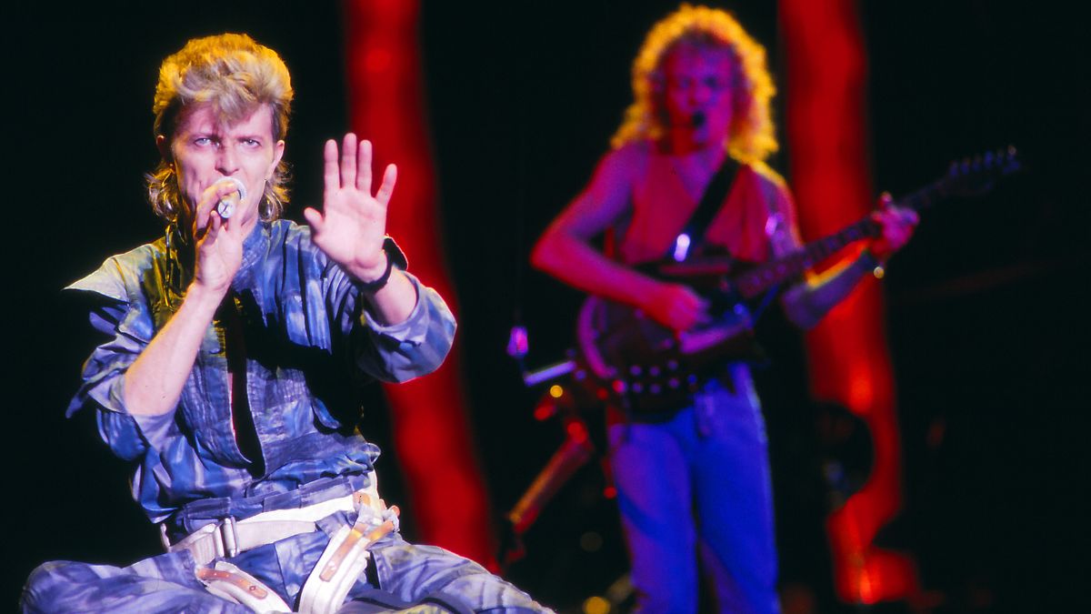 David Bowie and Peter Frampton in concert at Veterans Stadium 07/30/1987 in Philadelphia, Pennsylvania