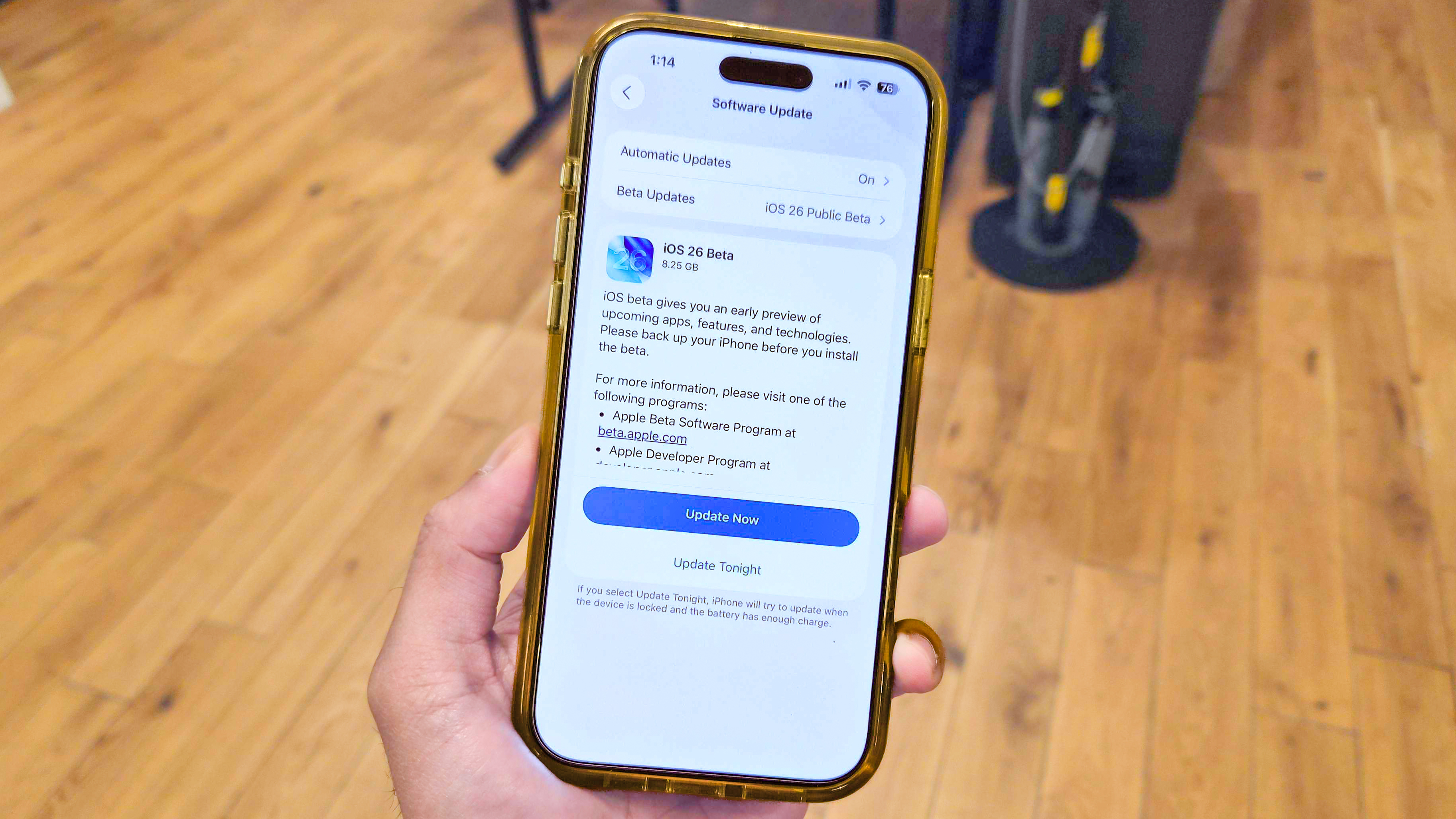 iOS 26 public beta install showing on iPhone 16 Pro Max.