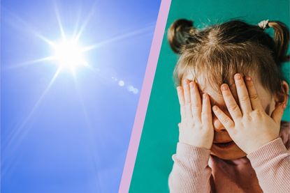 blue sky sunshine split layout with child covering her face with her hands