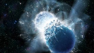 An illustration shows the collision of two neutron stars. Scientists had proposed that such collisions might have filled our solar system with gold, but new research casts doubt on that claim.