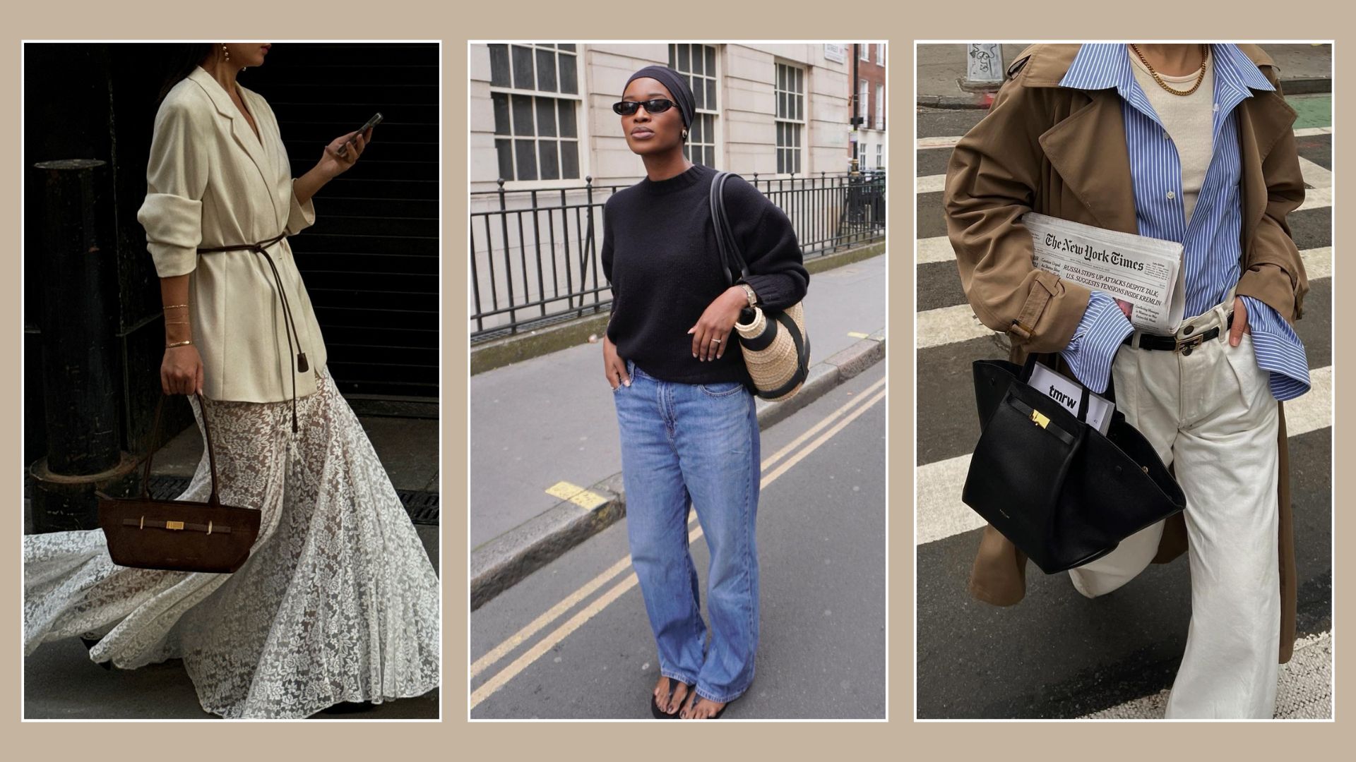 Woman wears blazer, lace skirt and black bag; woman wears black knit, jeans and basket bag; woman wears trench coat, striped shirt, white jeans and black bag