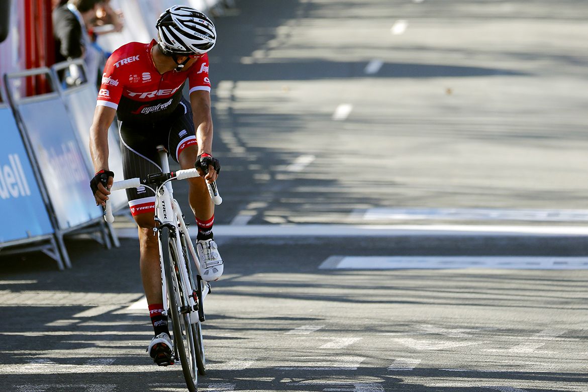 Alberto Contador (Trek-Segafredo) looks over his shoulder after finishing the stage