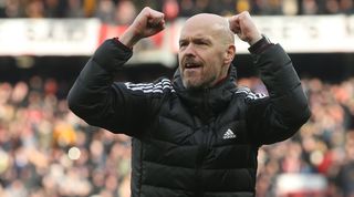 Manchester United manager Erik ten Hag celebrates at full-time of the Premier League match between Manchester United and Manchester City on 14 January, 2023 at Old Trafford in Manchester, United Kingdom.