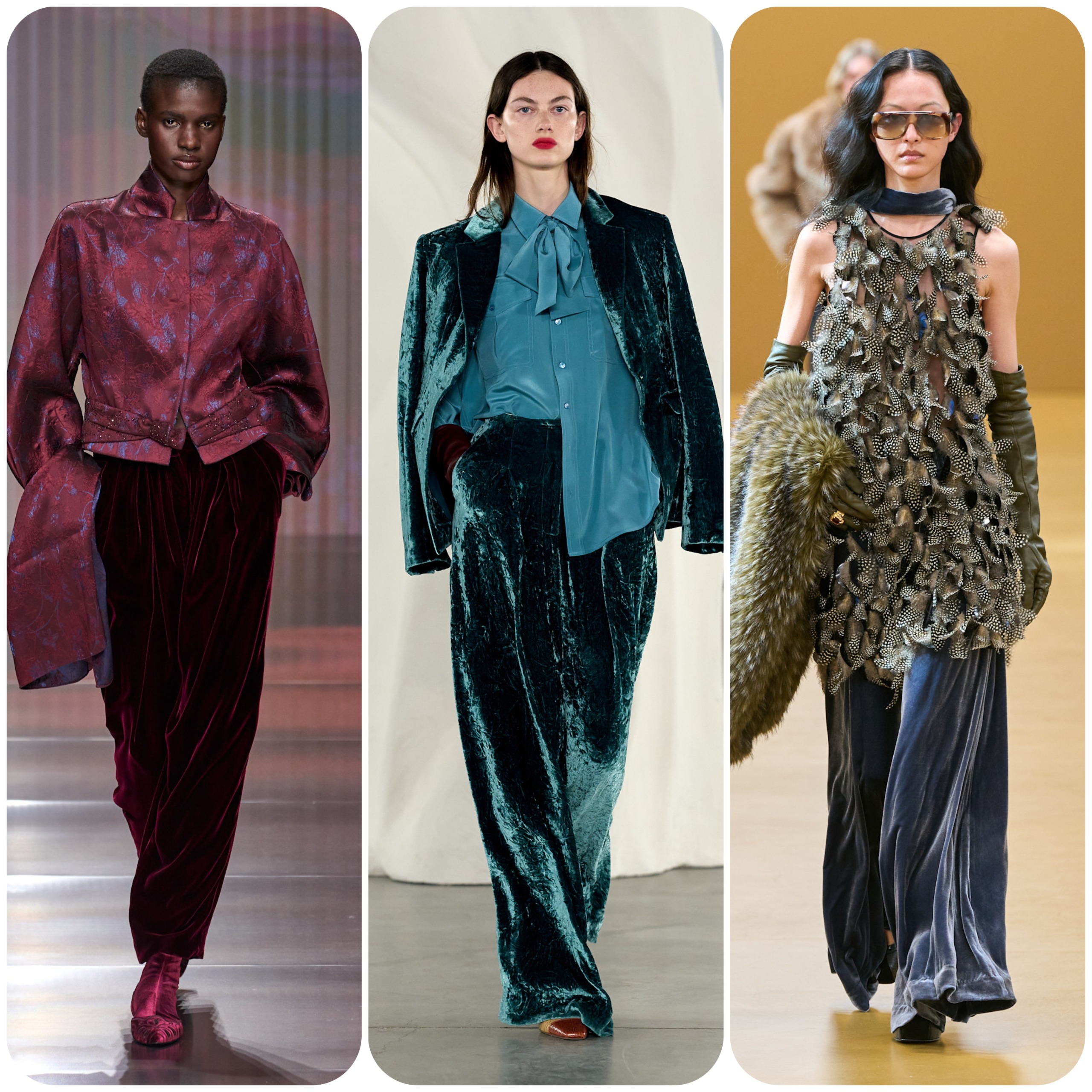 velvet pants on the fall 2026 runways of Armani, Ulla Johnson, and Zimmermann