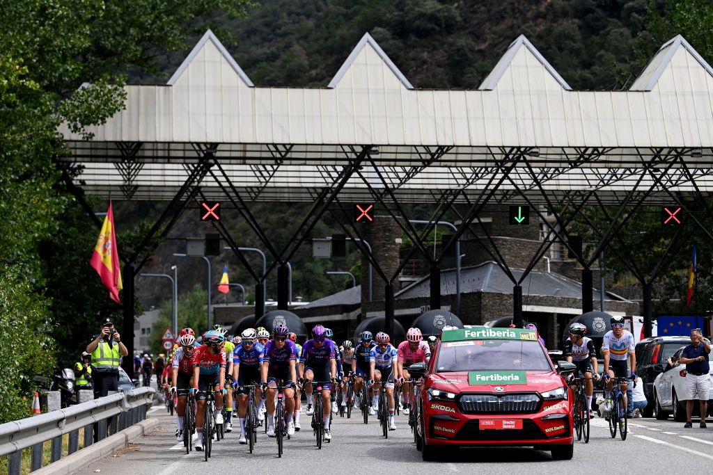ANDORRALABELLA SPAIN AUGUST 29 The peloton competes across the border between Spain and Andorra during the 78th Tour of Spain 2023 Stage 4 a 1846km stage from Andorra la Vella to Tarragona UCIWT on August 29 2023 in Andorra la Vella Spain Photo by Tim de WaeleGetty Images