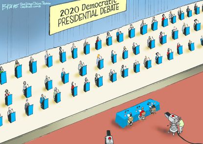 Political Cartoon U.S. Democratic 2020 presidential debate