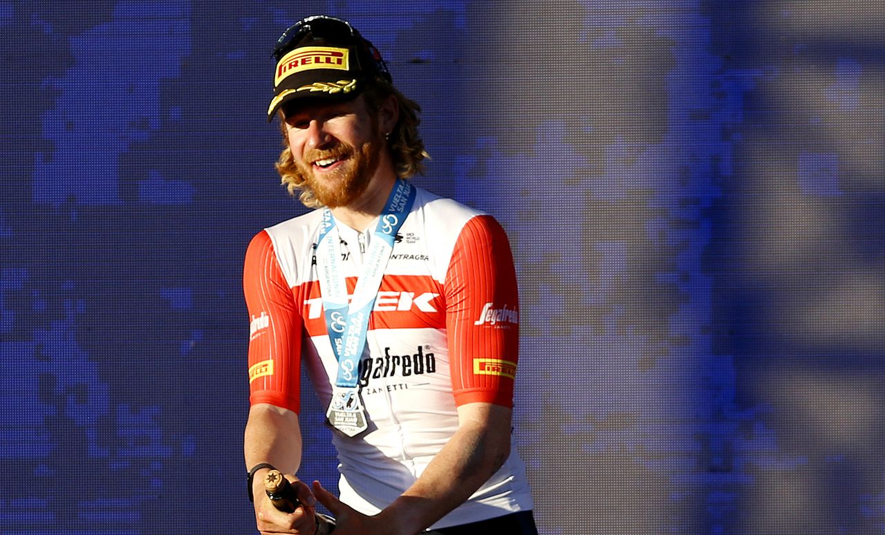 SAN JUAN, ARGENTINA - JANUARY 24: (L-R) Maximiliano Richeze of Argentina and Team Argentina on second place, stage winner Quinn Simmons of The United States and Team Trek - Segafredo and Sam Bennett of Ireland and Team Bora - Hansgrohe on third place pose on the podium ceremony after the 39th Vuelta a San Juan International 2023 - Stage 3 a 170,9km stage from Circuito San Juan Villicum to Circuito San Juan Villicum / #VueltaSJ2023 / on January 24, 2023 in San Juan, Argentina. (Photo by Maximiliano Blanco/Getty Images)