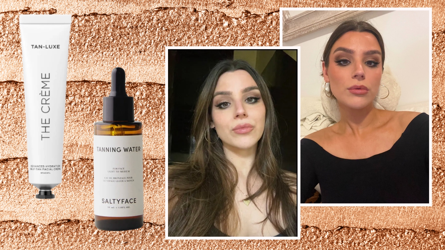 a close up of tanner cream with a before and after photo of a woman with pale and bronze skin with two bottles of self-tanner